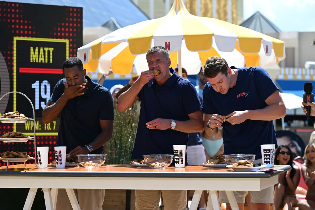 LAS VEGAS, NEVADA - SEPTEMBER 02: (L-R) Max Irving, Ryan Lochte and Ryan Murphy attend LIVE Chestnut vs. Kobayashi: Unfinished Beef at the Hyper X Arena at the Luxor on September 02, 2024 in Las Vegas, Nevada. (Photo by David Becker/Getty Images for Netflix © 2024)