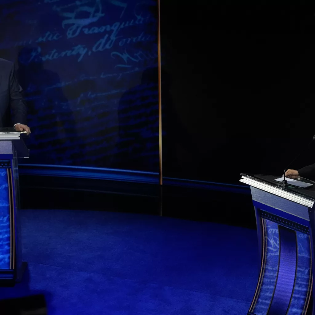 Republican presidential nominee former President Donald Trump and Democratic presidential nominee Vice President Kamala Harris participate during an ABC News presidential debate at the National Constitution Center, Tuesday, Sept.10, 2024, in Philadelphia. (AP Photo/Alex Brandon)