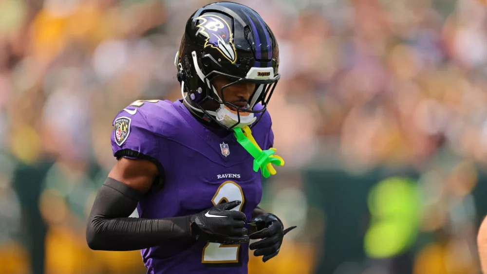 GREEN BAY, WISCONSIN - AUGUST 24: bb2#2 of the Baltimore Ravens takes the field prior to a preseason game against the Green Bay Packers at Lambeau Field on August 24, 2024 in Green Bay, Wisconsin. The Packers defeated the Ravens 30-7. (Photo by Stacy Revere/Getty Images)