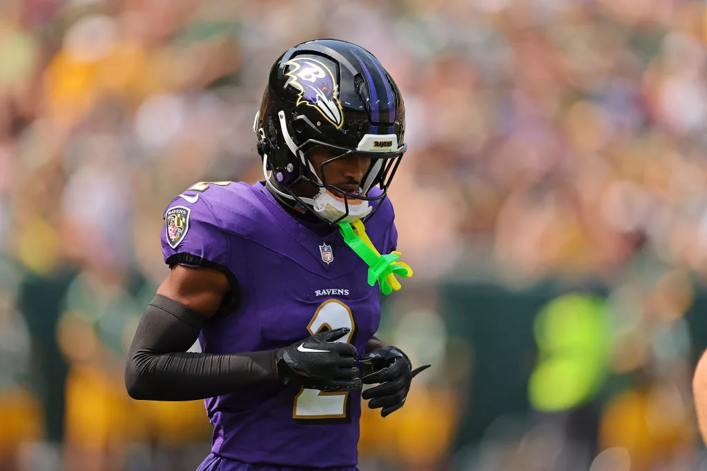 GREEN BAY, WISCONSIN - AUGUST 24: bb2#2 of the Baltimore Ravens takes the field prior to a preseason game against the Green Bay Packers at Lambeau Field on August 24, 2024 in Green Bay, Wisconsin. The Packers defeated the Ravens 30-7. (Photo by Stacy Revere/Getty Images)