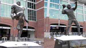 ray lewis and johnny unitas statues relocated at m&t bank stadium SOURCE: Kirby Lee