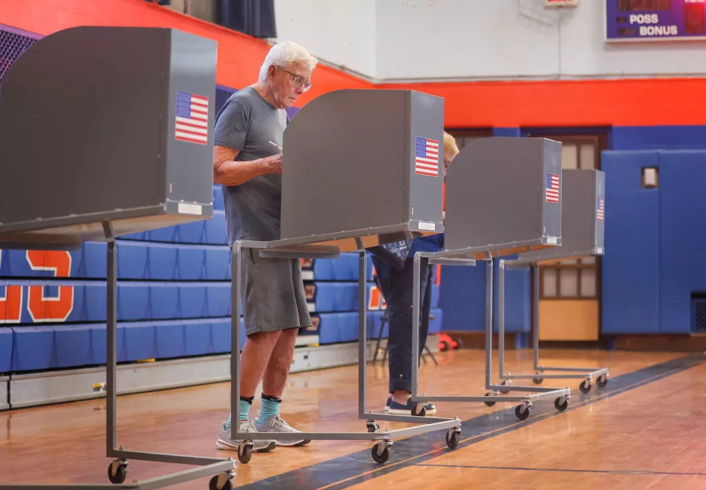 Malverne, N.Y.: Voters fill out their ballots in the gymnasium of the Howard Herber Middle School, in Malverne, New York, where the budget for the Malverne Union Free School District was up for a vote on May 21, 2024.