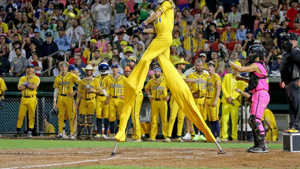 Brockton, Mass., August 16, 2023: Bananas Brandon Stilts Sherman gets a hit as the Savannah Bananas take on the Party Animals at Campanelli Stadium on August 16, 2023 in , Brockton, MA. (Staff Photo By Stuart Cahill/MediaNews Group/Boston Herald via Getty Images)