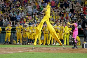 Brockton, Mass., August 16, 2023: Bananas Brandon Stilts Sherman gets a hit as the Savannah Bananas take on the Party Animals at Campanelli Stadium on August 16, 2023 in , Brockton, MA. (Staff Photo By Stuart Cahill/MediaNews Group/Boston Herald via Getty Images)