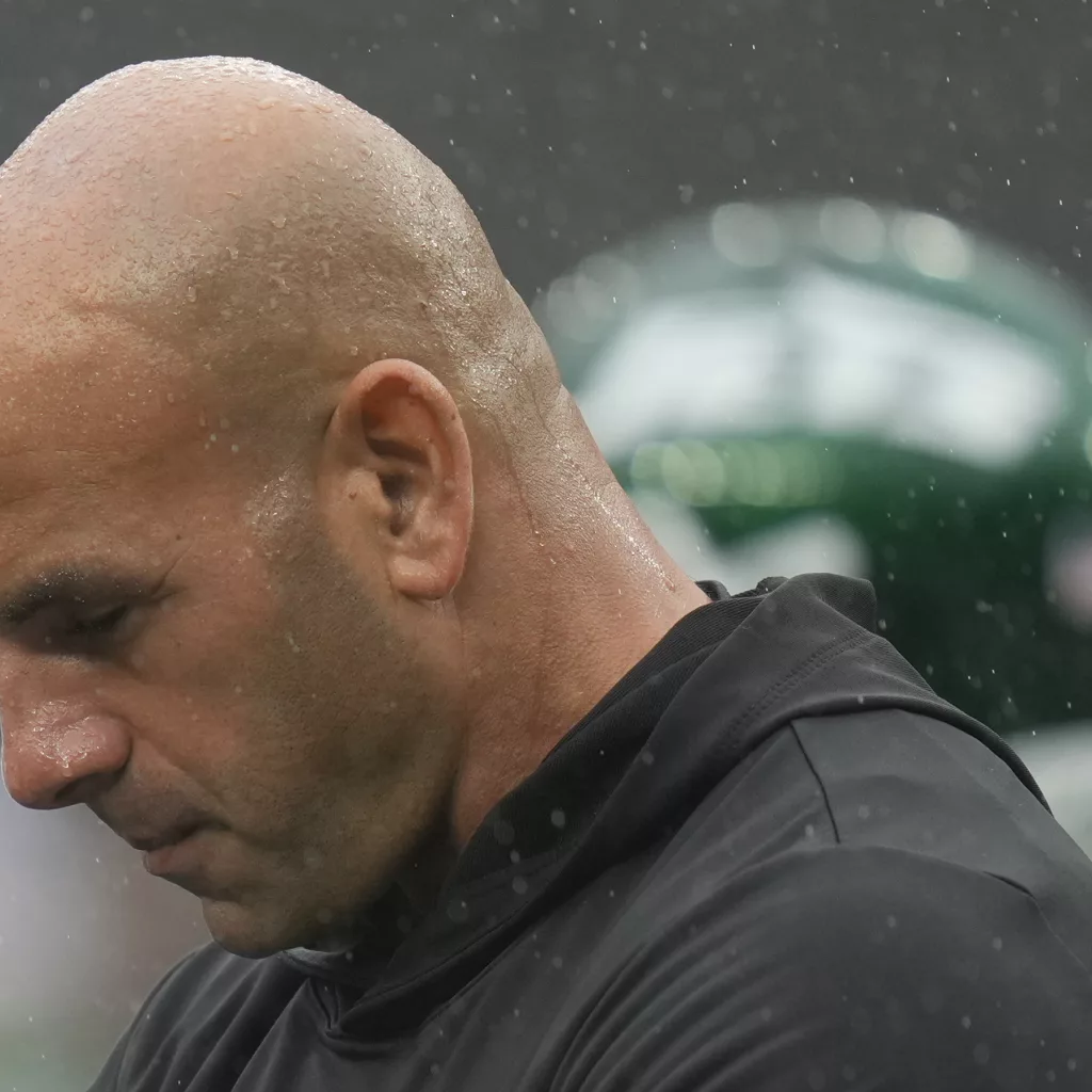 FILE - New York Jets head coach Robert Saleh walks on the field before an NFL football game against the Denver Broncos, Sunday, Sept. 29, 2024, in East Rutherford, N.J. (AP Photo/Seth Wenig, File)