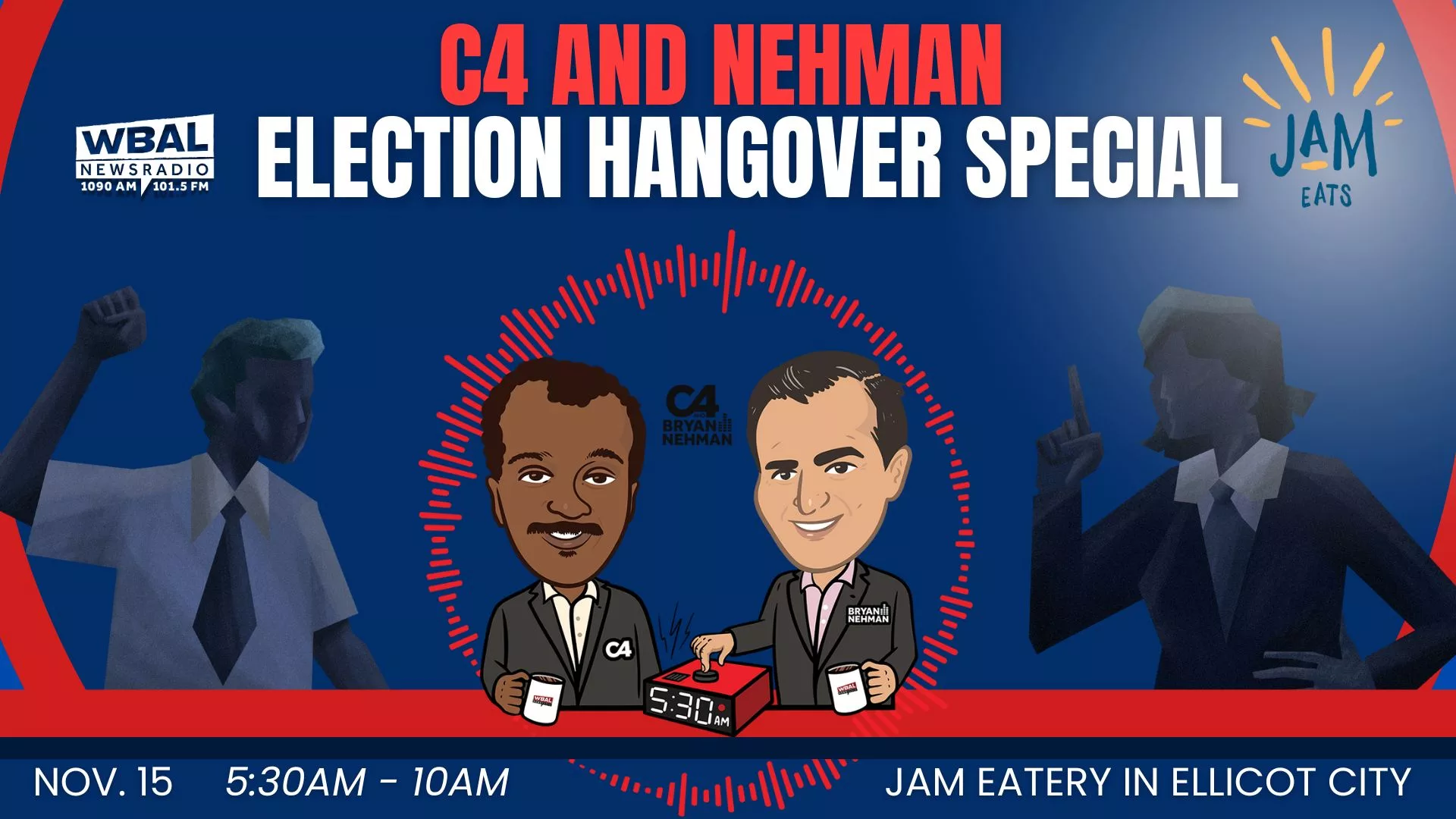 I think we all are looking forward to the end of the election season and when it is all said and done, we want to hang out with you! Join us for the C4 and Bryan Nehman Election Hangover Special! It’s a live morning show broadcast on Friday November 15th from 5:30 to 10 a.m. at JAM in Ellicott City! While there, you can participate in our Side Dish Question White Board and enter to win a WBAL Radio Smart Speaker! Be there at 6010 University Blvd, Ellicott City. See you on November 15th!