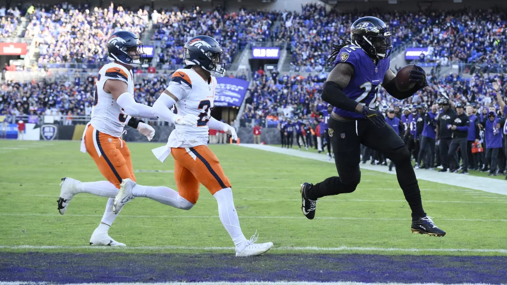 Lamar Jackson threw for 280 yards and three touchdowns to finish with a perfect passer rating, and the Baltimore Ravens had little difficulty with Denver’s defense in a 41-10 victory. Baltimore’s beleaguered defense didn’t force a punt until the third quarter, but a couple early fourth-down stops helped the Ravens build a lead as they rebounded from last weekend’s surprising loss at Cleveland. Zay Flowers had five catches for 127 yards and two touchdowns, and Derrick Henry rushed for 107 yards and two TDs. Henry scored the 100th and 101st rushing touchdowns of his career, and he has now surpassed 1,000 yards on the ground for the sixth time in a season.