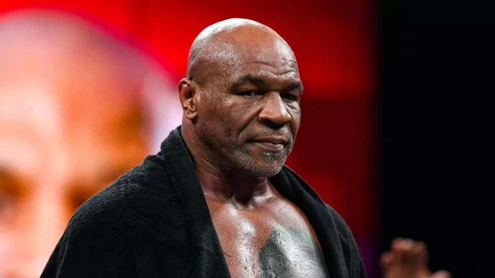 Texas , United States - 12 November 2024; Mike Tyson during an open workout session, held at Toyota Music Factory in Irving, Texas, USA, ahead of his heavyweight bout with Jake Paul, on November 15th at AT&T Stadium in Arlington Texas. (Photo By Stephen McCarthy/Sportsfile via Getty Images)