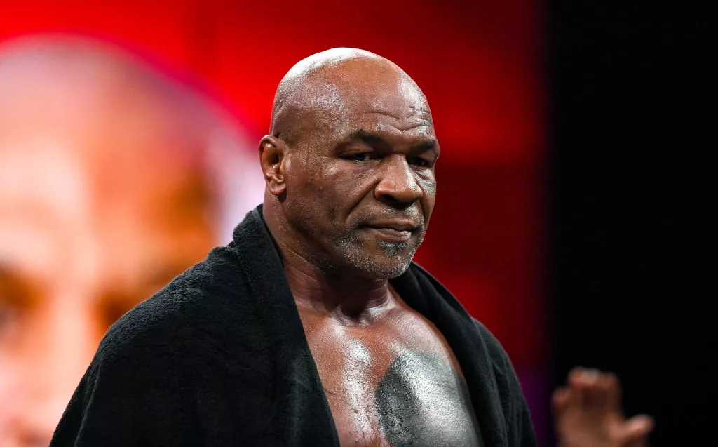 Texas , United States - 12 November 2024; Mike Tyson during an open workout session, held at Toyota Music Factory in Irving, Texas, USA, ahead of his heavyweight bout with Jake Paul, on November 15th at AT&T Stadium in Arlington Texas. (Photo By Stephen McCarthy/Sportsfile via Getty Images)