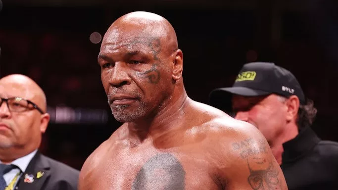  NOVEMBER 15: Mike Tyson fights during LIVE On Netflix: Jake Paul vs. Mike Tyson at AT&T Stadium on November 15, 2024 in Arlington, Texas. (Photo by Al Bello/Getty Images for Netflix © 2024)