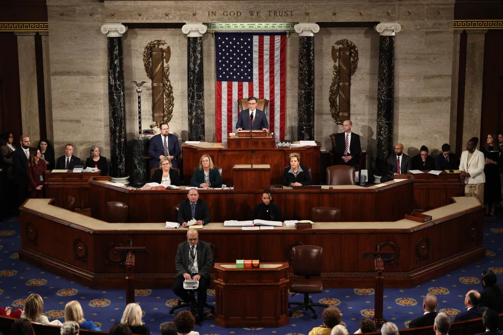 WASHINGTON, DC - JANUARY 03: U.S. Speaker of the House Mike Johnson (R-LA) delivers remarks after being re-elected Speaker on the first day of the 119th Congress in the House Chamber of the U.S. Capitol Building on January 03, 2025 in Washington, DC. Rep. Mike Johnson (R-LA) retained his Speakership in the face of opposition within his own party as the 119th Congress holds its first session to vote for a new Speaker of the House. (Photo by Chip Somodevilla/Getty Images)