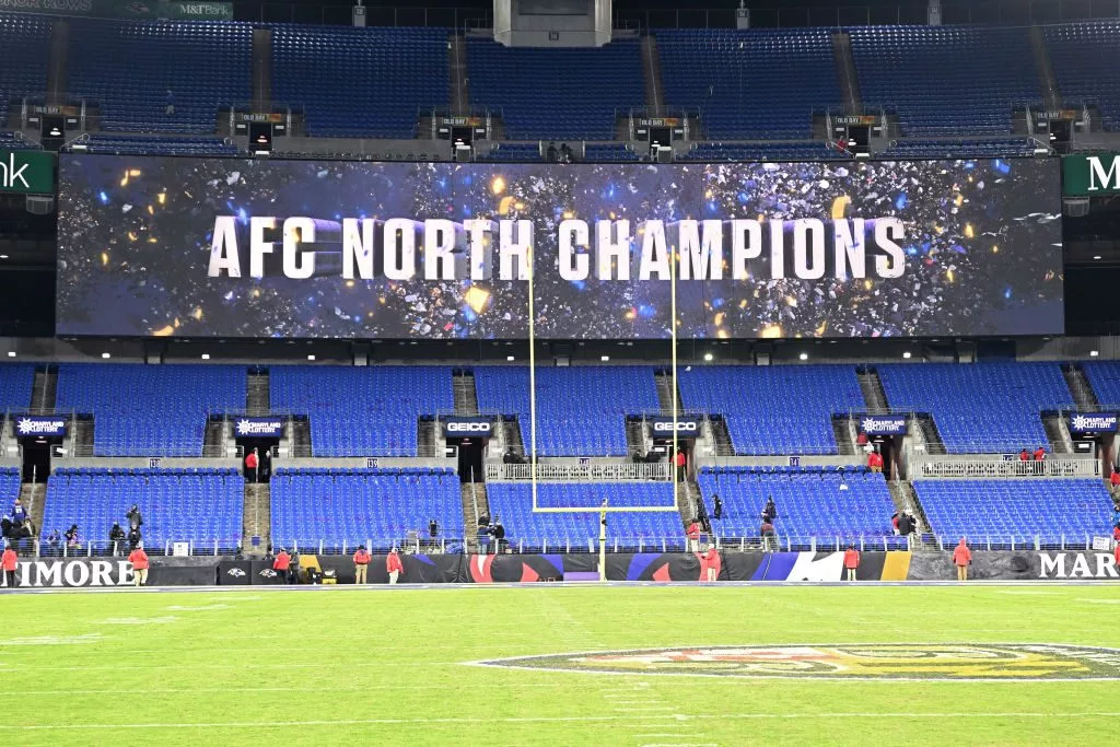 BALTIMORE, MARYLAND - JANUARY 04: A general view as the Baltimore Ravens are announced as AFC North champions on the stadium screen after defeating the Cleveland Browns 35-10 at M&T Bank Stadium on January 04, 2025 in Baltimore, Maryland. (Photo by Greg Fiume/Getty Images)