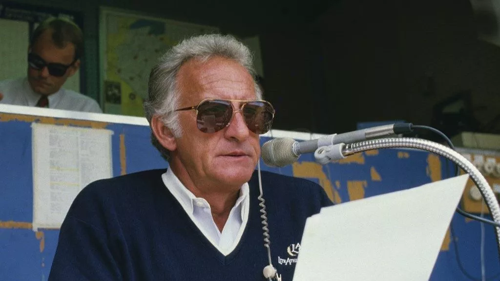 MILWAUKEE, WI - 1980: Broadcaster Bob Uecker of the Milwaukee Brewers in the booth during a game at County Stadium in the 1980s in Milwaukee, Wisconsin. (Photo by Ronald C. Modra/Getty Images)