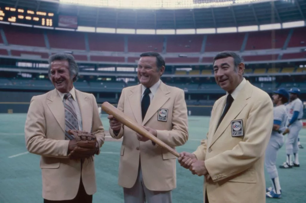 Unspecified: (L-R) ABC Sportscasters Bob Uecker, Keith Jackson, Howard Cosell, for ABC Sports. (Photo by American Broadcasting Companies via Getty Images)