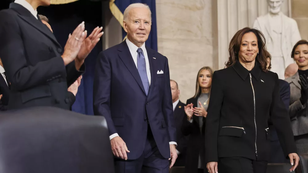 President Joe Biden and Vice President Kamala Harris arrive during the 60th Presidential Inauguration in the Rotunda of the U.S. Capitol in Washington, Monday, Jan. 20, 2025. (Chip Somodevilla/Pool Photo via AP)