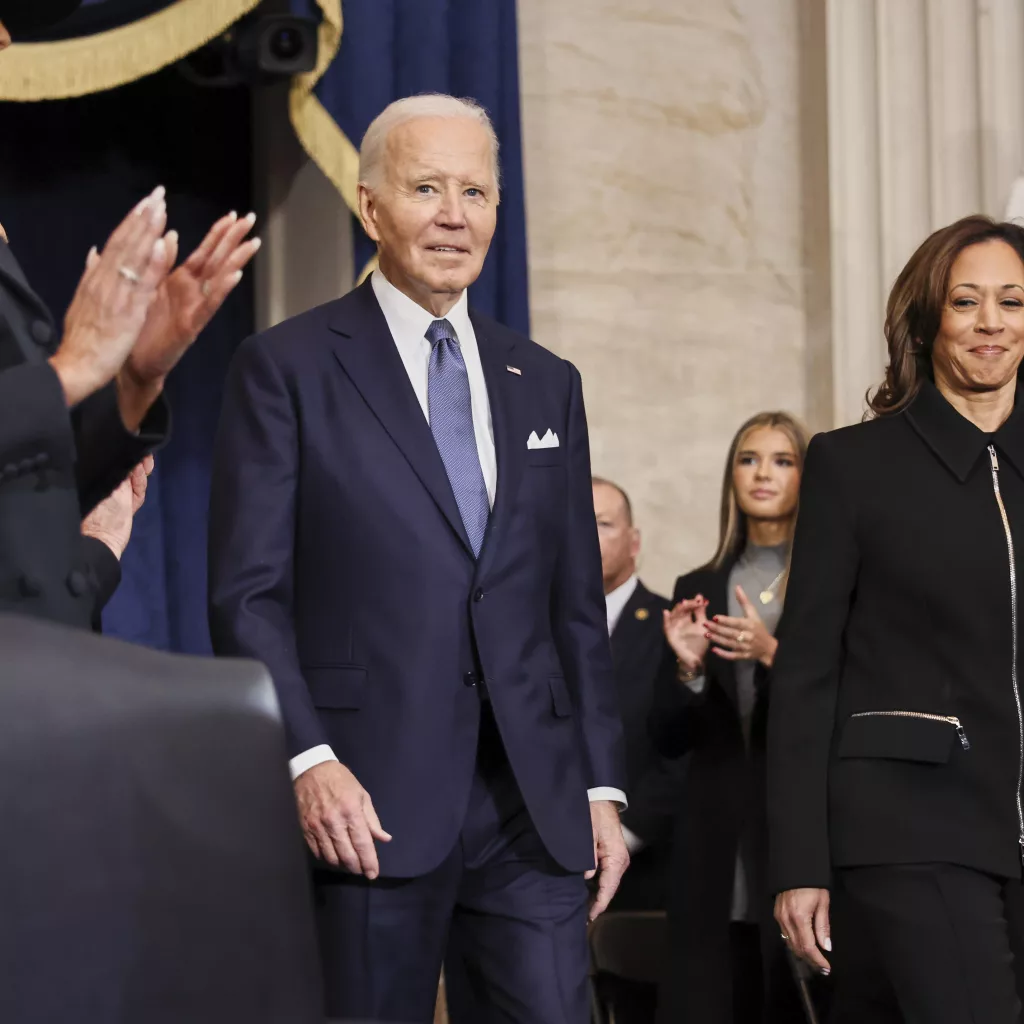 President Joe Biden and Vice President Kamala Harris arrive during the 60th Presidential Inauguration in the Rotunda of the U.S. Capitol in Washington, Monday, Jan. 20, 2025. (Chip Somodevilla/Pool Photo via AP)