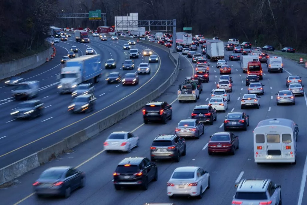 McLean, VA - December 1: Traffic builds on the inner loop of the Beltway as it heads toward the American Legion Bridge connecting Virginia and Maryland over the Potomac River on December 1, 2022, in McLean, VA. The bridge is the location of one of the worst rush-hour traffic bottlenecks in the D.C. region and will pose challenges for Maryland to replace and expand it. (Photo by Jahi Chikwendiu/The Washington Post via Getty Images)