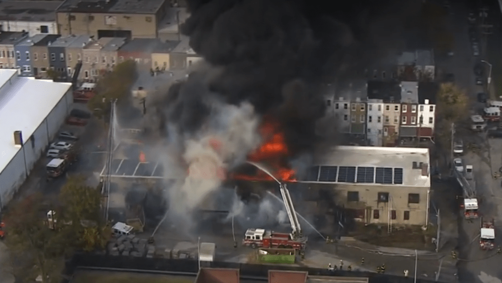 Firefighters battle massive North Baltimore blaze as roof threatens to collapse; crews expected to work overnight
