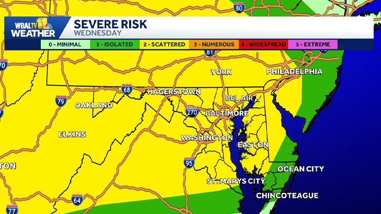 Alert Weather Day: Tornado Watch in effect for Western Maryland; Chance of severe thunderstorms Wednesday