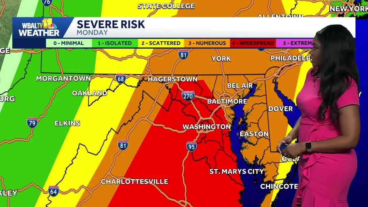 Severe weather threat increases Monday with tornadoes possible | WBAL ...