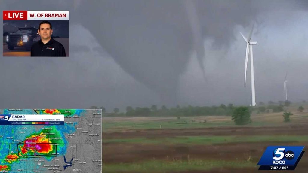 Video shows moment ‘twin tornadoes’ formed in northern Oklahoma