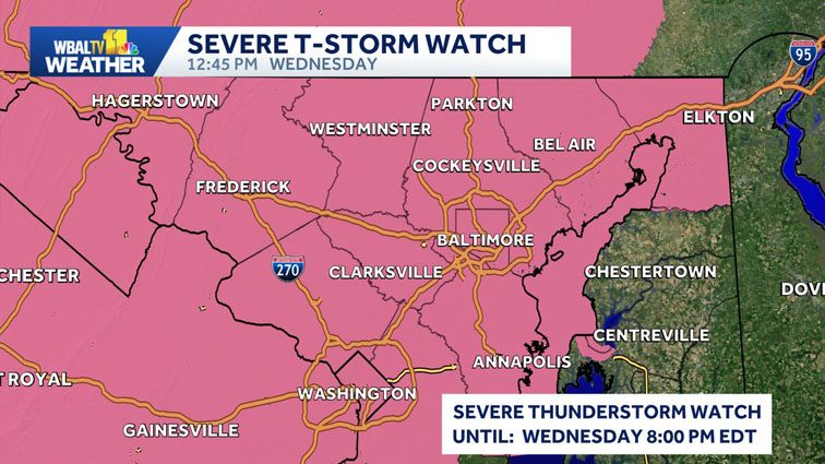 Impact Weather: Severe Thunderstorm Watch issued for much of Maryland on Wednesday