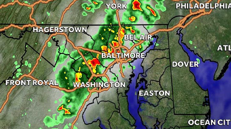 Impact Weather: Heavy rain, small hail and 40 mph gusts impacting Baltimore metro