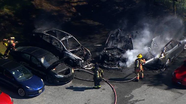 Firefighters responding to Tesla dealership fire in Owings Mills