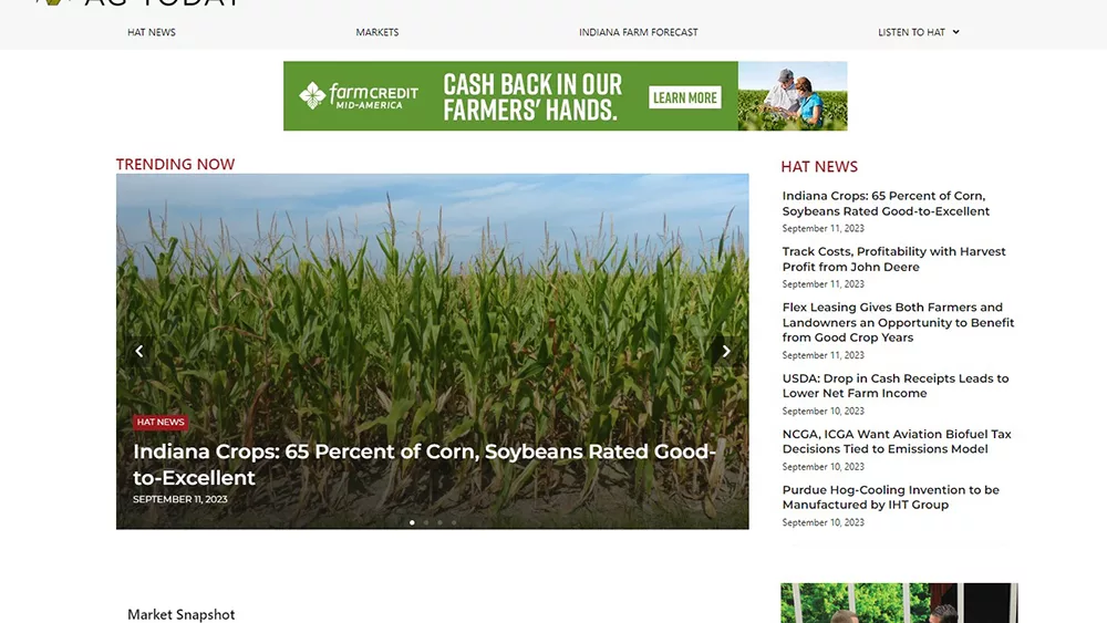 Screenshot of new Hoosier Ag Today home page.