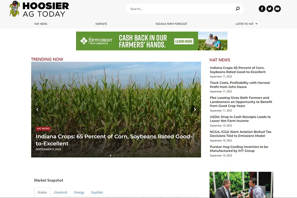 Screenshot of new Hoosier Ag Today home page.