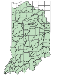 Map of the state of Indiana, area of soil sampling program shaded green.