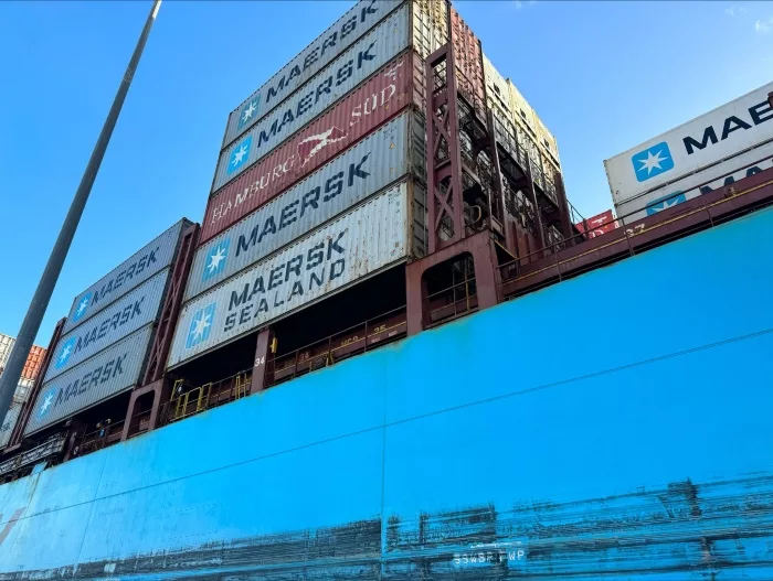 A container ship moves through the Panama Canal.