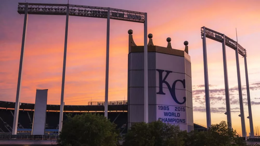 logo/crown of MLB team Kansas City Royals at Kauffman Stadium^ home of the Royals. July 14^ 2023.