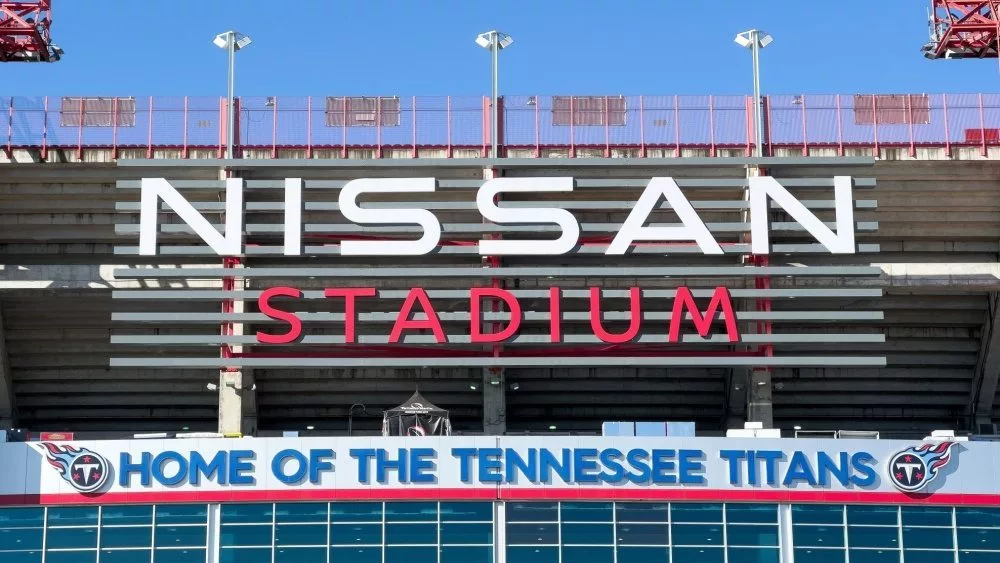 Nissan Stadium is mainly home to the NFL's Tennessee Titans but also hosts other football and soccer games^ concerts^ and events. Located across Cumberland River. Nashville^ TN^ USA - March 10^ 2024