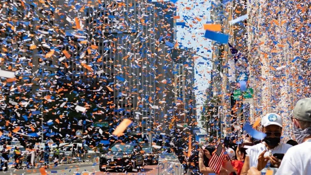 Confetti Falling during the Ticker Tape Parade for the Hometown Heroes and Essential Workers during the Covid 19 Pandemic successful New York City