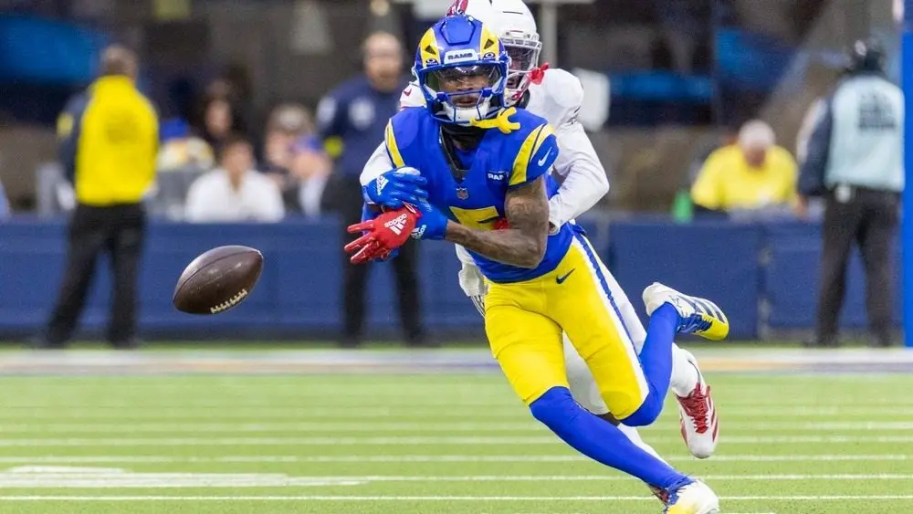 Los Angeles Rams wide receiver Tutu Atwell (5) fails to drawback a walk against the Arizona Cardinals during an NFL shot crippled astatine SoFi Stadium^ successful Inglewood^ Calif. connected Sunday January 4^ 2026.