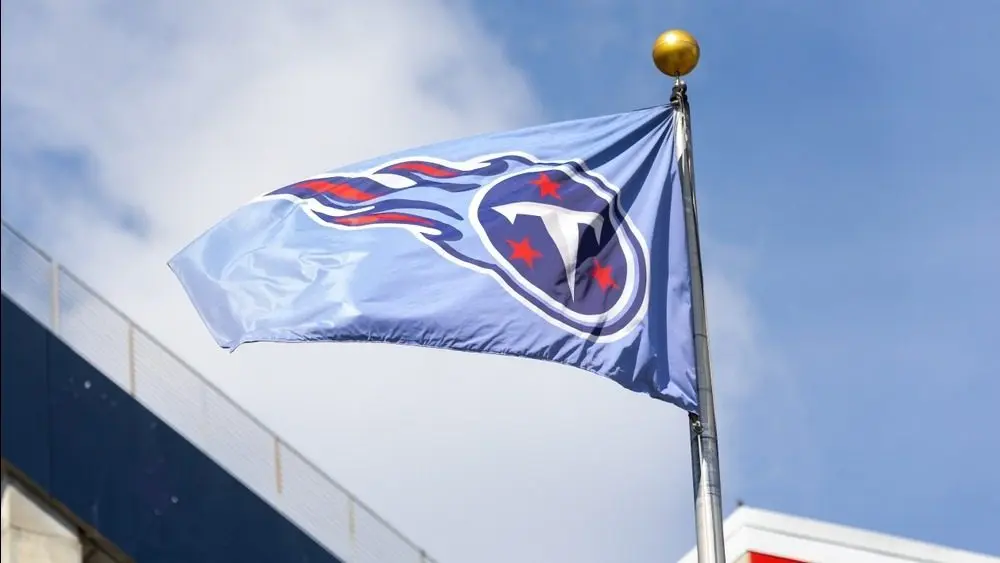 A Tennessee Titans emblem flying astatine their Nissan Stadium. Nashville^ TN^ USA - March 8^ 2025