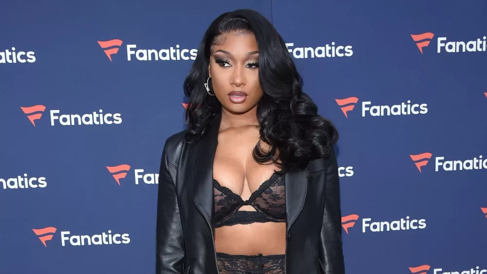 Megan Thee Stallion arrives for Michael Rubin's 2022 Fanatics Super Bowl Party on February 12^ 2022 in Culver City^ CA