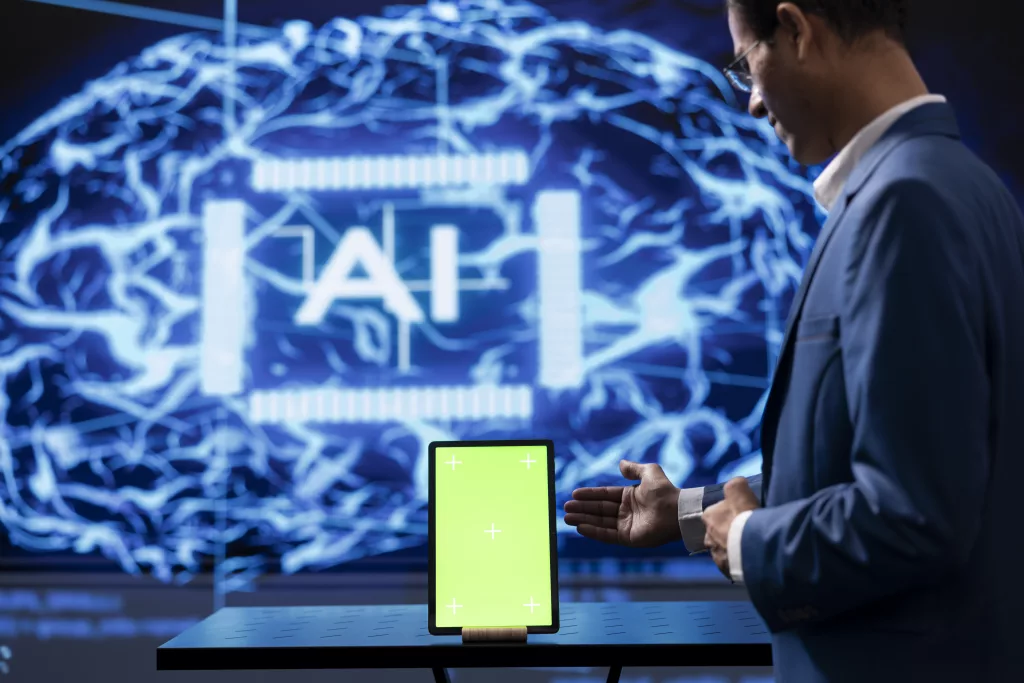 startup-employee-looking-over-green-screen-tablet-using-ai-software