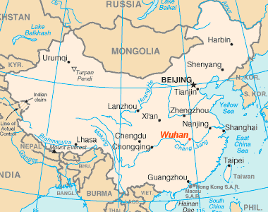Location of the town Wuhan CIA Factbook, cropped, one point added Category:Locator_maps_of_cities_in_China {{PD-USGov-CIA-WF}}