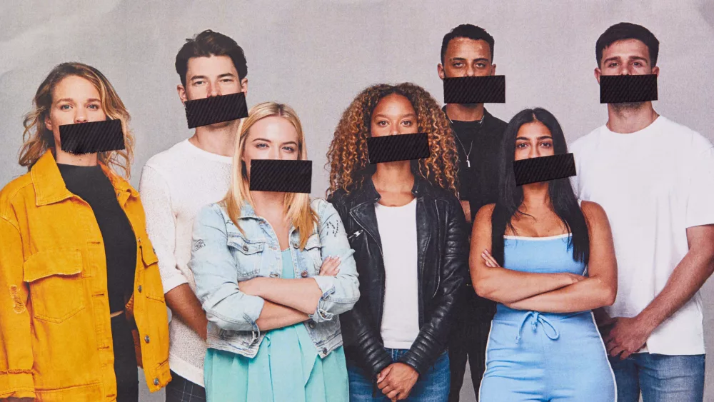 young adults with tape over their mouths