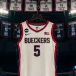 Former UCONN standout Paige Bueckers jersey #5 hanging in the Uconn arena