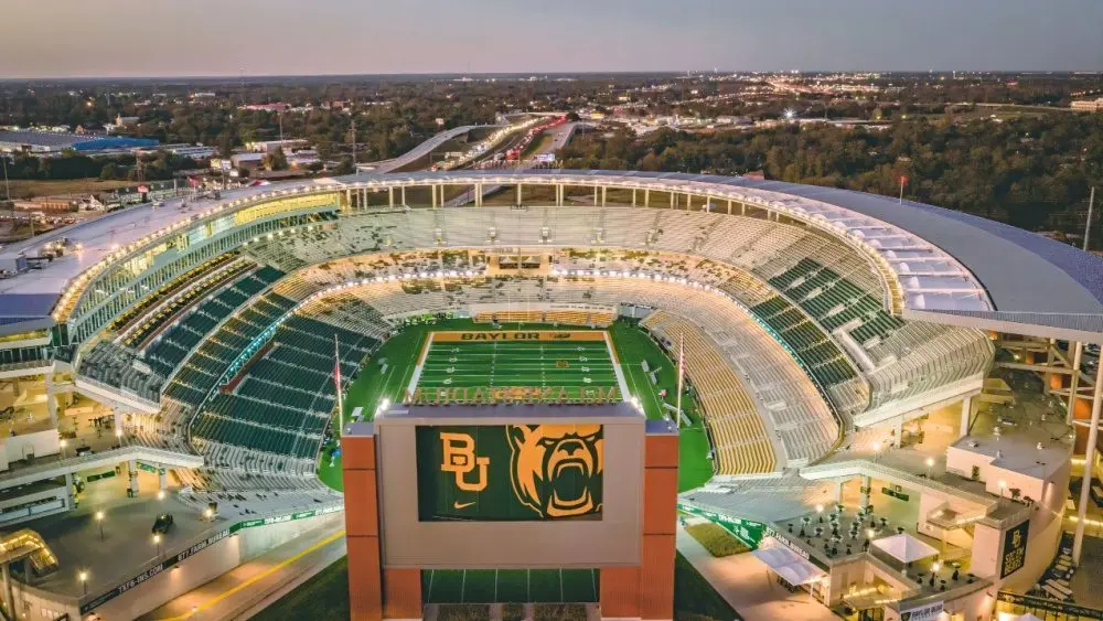 Waco^ Texas - November 15^ 2019: McLane stadium prepares for College Gameday ahead of the 12th ranked Baylor Football Team's home rivalry game against the Oklahoma Sooners.
