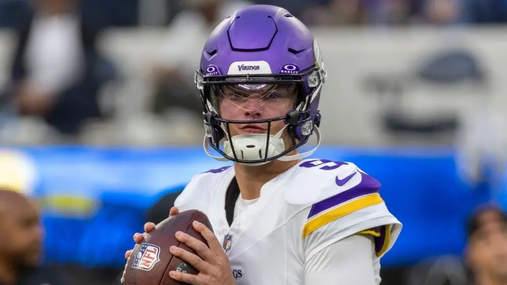 Minnesota Vikings quarterback J.J. McCarthy #9 warms up prior to an NFL football game against the Los Angeles Chargers Oct. 23^ 2025^ in Inglewood^ Calif.