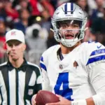 Dallas Cowboys quarterback Dak Prescott (4) looks to throw the ball against the Atlanta Falcons on November 3^ 2024 at Mercedes-Benz Stadium.