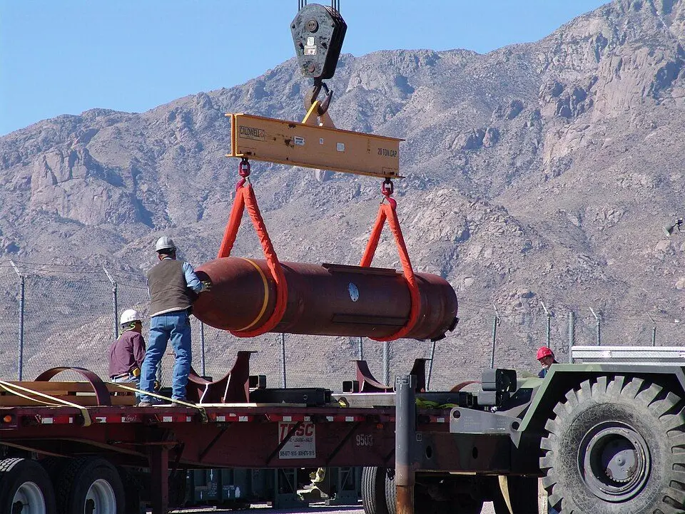 W-07-3-14-07-01 Defense Threat Reduction Agency, cleared for public release, 15 Mar 07. The Defense Threat Reduction Agency Massive Ordnance Penetrator conventional bomb being off-loaded at White Sands Missile Range, N.M