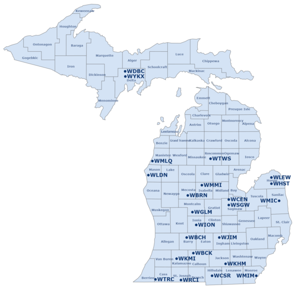 State of Michigan with counties outlined and radio affiliates identified.
