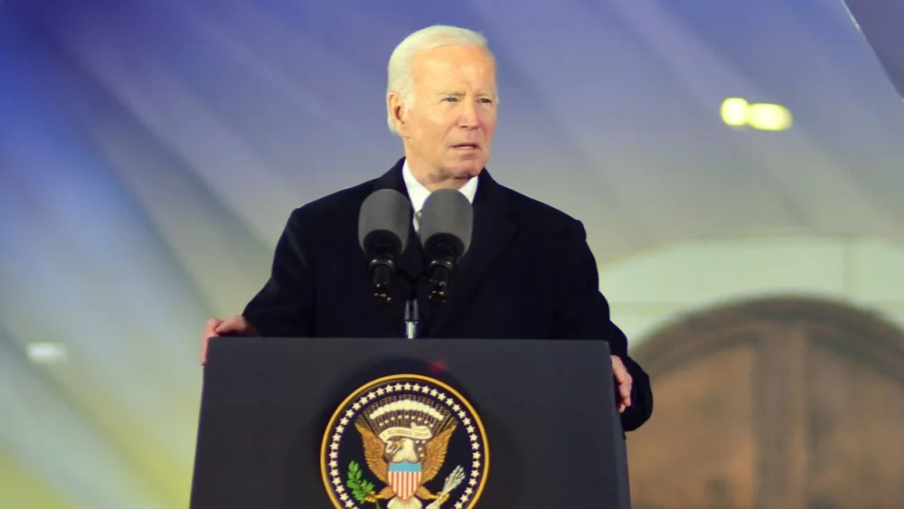 President Joe Biden at the Warsaw Royal Castle Gardens. The speech on the anniversary of the Russian invasion of Ukraine as part of his visit to Poland. Warsaw^ Poland. 21 February 2023