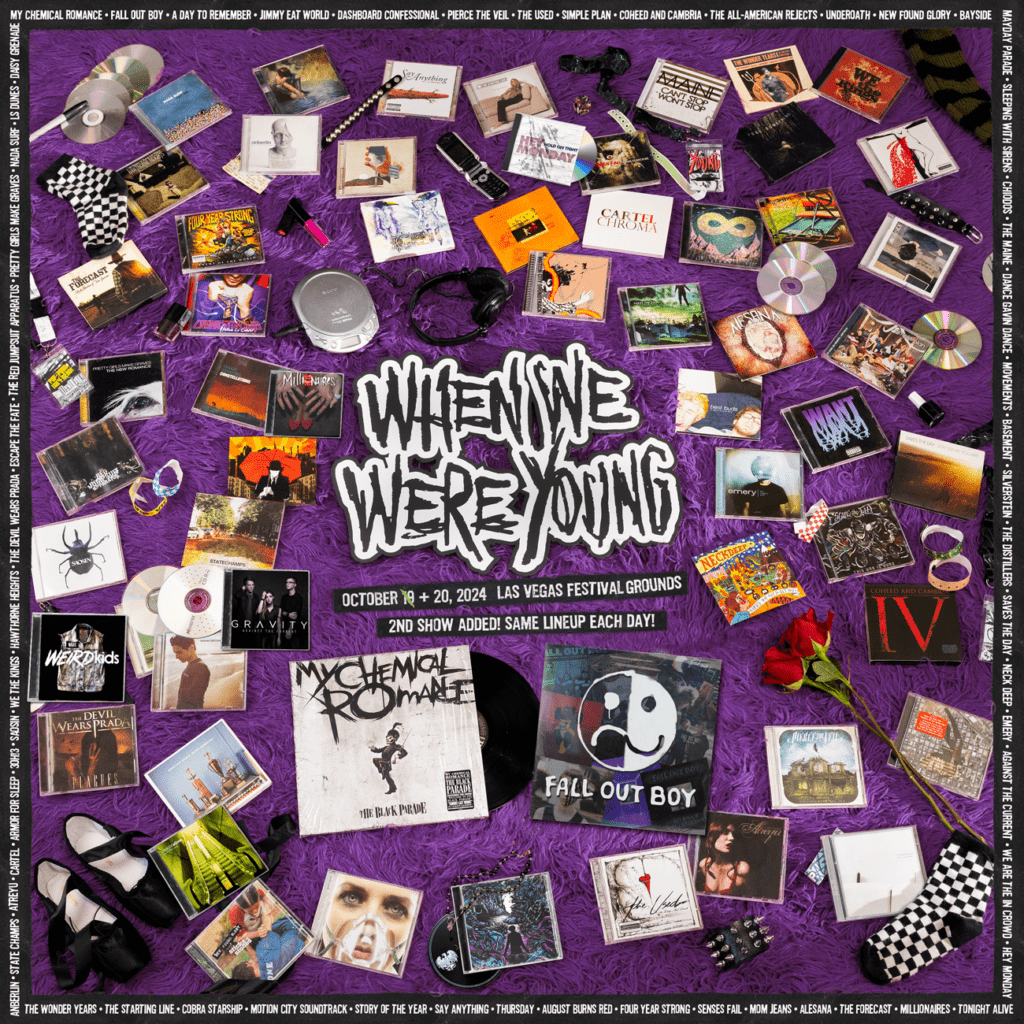 CDs lying on purple carpet with When We Were Young logo in the middle