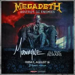 Skeleton mascot in sitting position with Megadeth logo on top, Mudvayne and All That Remains logos at the bottom